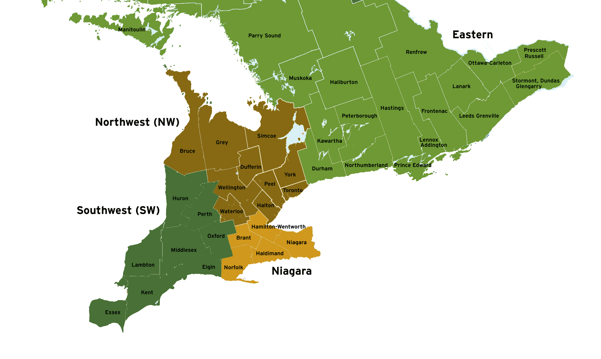 Wheat sampling regions in Ontario with county names